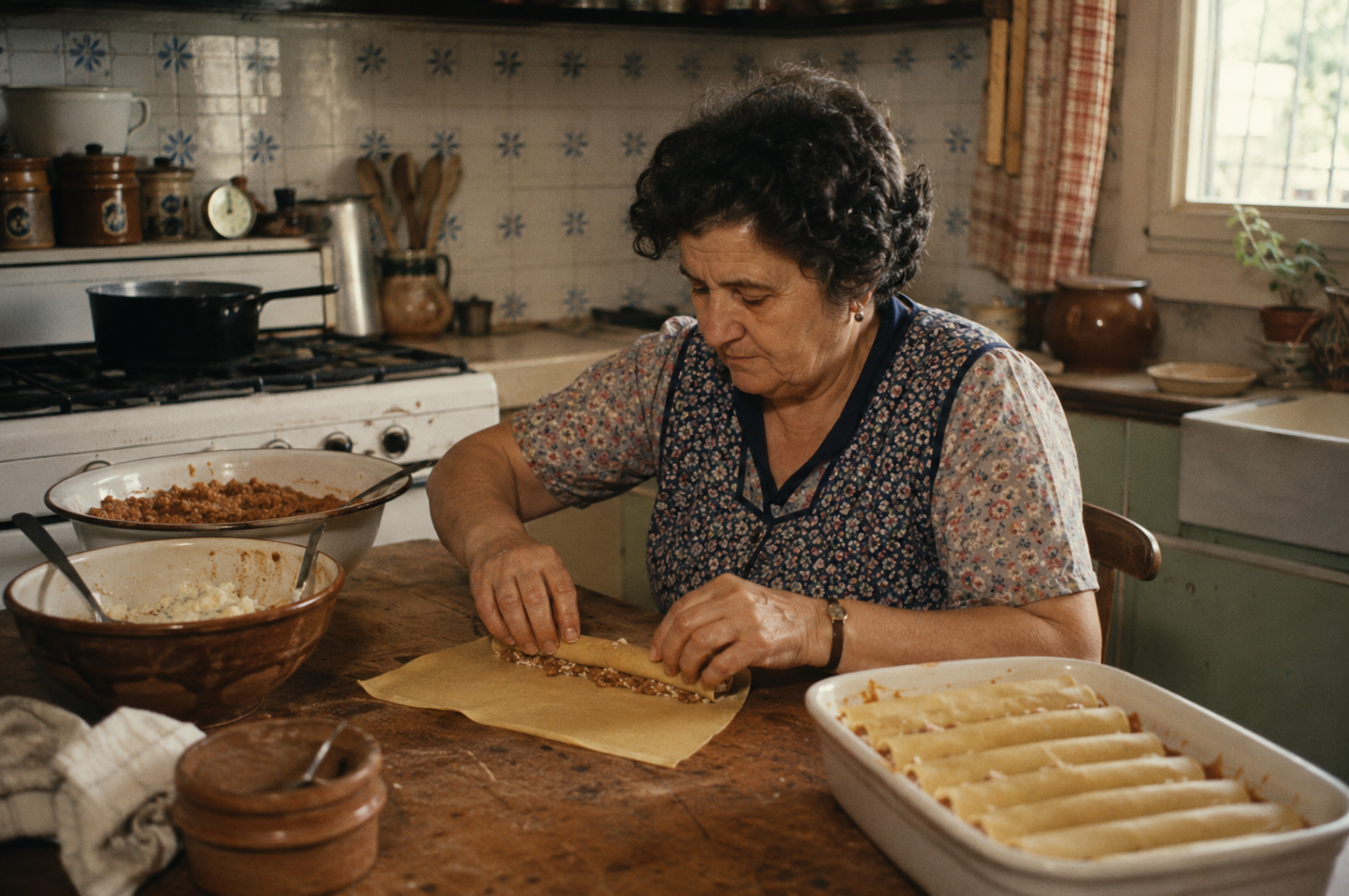 Escena ficticia de Roser preparando su receta familiar en 1978